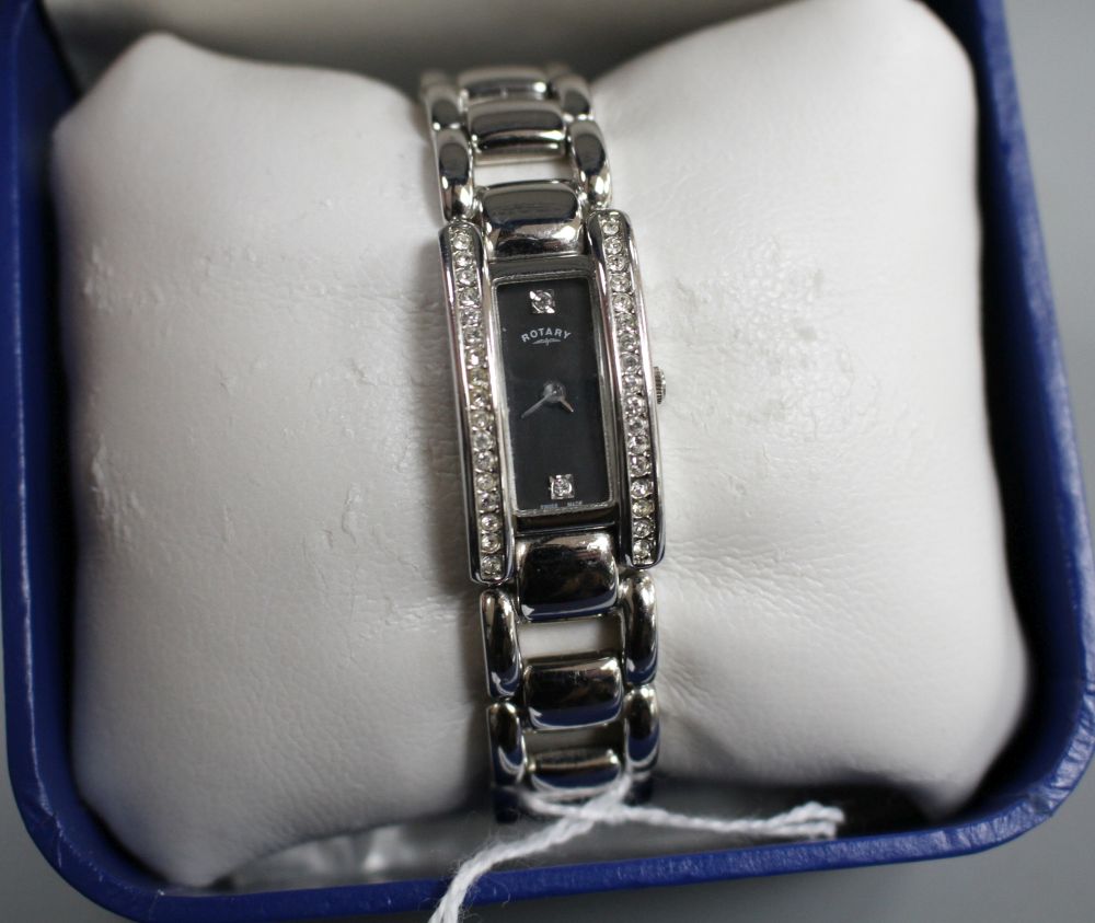 A ladys modern steel and paste set Rotary quartz dress wrist watch, with box and spare links.